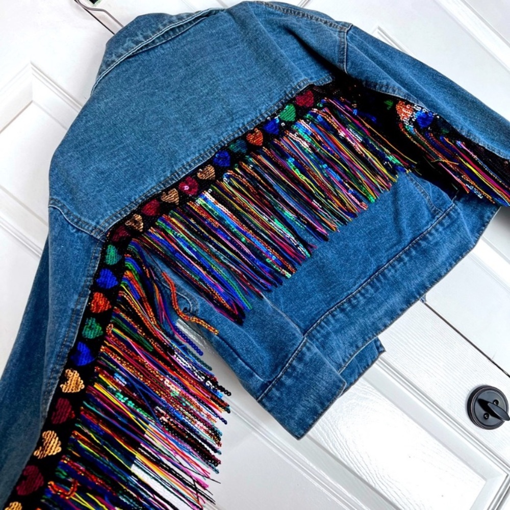 Colorful Rainbow Sequin Fringe Denim Jacket